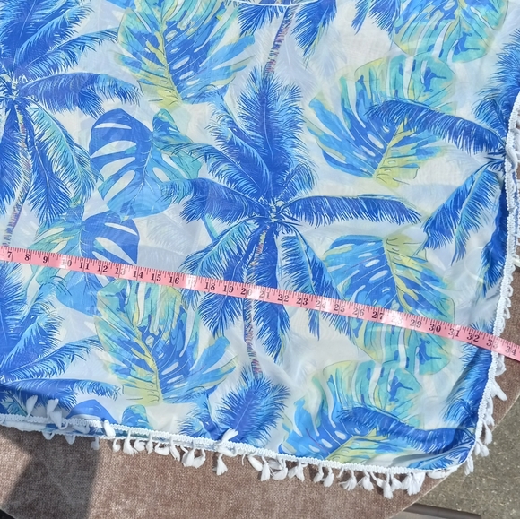 SHEIN Tropical Beach Cover-Up or Blouse Blue Palm Trees and Tassels - Picture 7 of 10